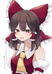  1girl absurdres ascot bare_shoulders blush bow brown_eyes brown_hair collared_vest commentary_request detached_sleeves frilled_ascot frilled_bow frills hair_bow hakurei_kaede hakurei_reimu highres long_sleeves medium_hair open_mouth red_bow red_ribbon red_vest revision ribbon simple_background touhou translation_request upper_body vest white_background white_sleeves yellow_ascot 