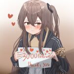  1girl black_jacket blush brown_hair english_text girls_frontline gradient gradient_background heart highres holding holding_sign jacket long_hair milestone_celebration nanahosi45 scar scar_across_eye shirt side_ponytail sign smile solo ump45_(girls&#039;_frontline) white_shirt yellow_eyes 