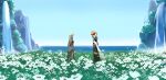  1boy 1girl bangs bare_shoulders brown_hair clear_sky day detached_sleeves dress field flower flower_field gloves highres horizon long_hair looking_at_another luke_fon_fabre mountain ocean redhead short_hair sky sleeveless sleeveless_dress tales_of_(series) tales_of_the_abyss tear_grants yacht_king 