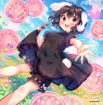  1girl alternate_color amo_(shibu3) animal_ears artist_name bangs black_dress black_hair bloomers blue_sky carrot_necklace clothes_pull clouds clover dress dress_pull floppy_ears four-leaf_clover highres inaba_tewi looking_at_viewer open_mouth outdoors pulled_by_self rabbit_ears rabbit_tail red_eyes short_hair short_sleeves sky solo tail teeth touhou underwear upper_teeth 