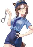  1girl animal_ears bangs blush brown_hair commentary_request cuffs eyebrows_visible_through_hair eyelashes eyes_visible_through_hair fine_motion_(umamusume) green_eyes hand_on_hip handcuffs herohero_(higashi_no_dou) highres horse_ears horse_girl horse_tail looking_at_viewer multicolored_eyes necktie open_mouth police police_uniform policewoman solo solo_focus tail umamusume uniform white_background 