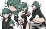  1girl bangs black_dress blood blood_on_face breasts chibi closed_mouth covered_navel crossed_arms curly_hair dress frown glowing glowing_eyes green_eyes green_hair highres jourd4n long_sleeves looking_at_viewer one-punch_man outstretched_hand shoes short_hair smile squatting standing tatsumaki torn_clothes torn_dress white_background 