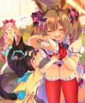  3girls agnes_digital_(umamusume) blue_eyes blurry blurry_background brown_hair casual child closed_eyes flower giving_up_the_ghost hair_between_eyes hair_flower hair_ornament headband heart heart-shaped_pupils heart_hands highres horse_girl long_hair multiple_girls open_mouth pink_hair ponzu_(rrrritisu) sitting smart_falcon_(umamusume) symbol-shaped_pupils umamusume 