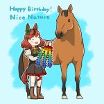  1girl animal_ears black_dress bow bowtie brown_footwear closed_eyes common_race_outfit_(umamusume) creature_and_personification dress ear_covers happy_birthday highres horse horse_ears horse_girl horse_tail medium_hair nice_nature_(racehorse) nice_nature_(umamusume) oishii_oil real_life redhead striped striped_bow striped_bowtie tail umamusume 