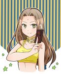  1girl arc_the_lad arc_the_lad_ii bare_shoulders breasts brown_hair closed_mouth dark-skinned_female dark_skin facial_mark jewelry long_hair looking_at_viewer midriff ouba_reiya sania_(arc_the_lad) smile solo star_(symbol) tank_top upper_body 