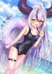  1girl beach blush braid collarbone french_braid highres hololive horns innertube la+_darknesss long_hair multicolored_hair open_mouth pointy_ears pupu_ayaba purple_hair school_swimsuit silver_hair solo streaked_hair swimsuit tail thigh_strap two-tone_hair very_long_hair virtual_youtuber water yellow_eyes 