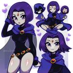  1girl breasts cape closed_eyes colored_skin dc_comics english_commentary forehead_jewel grey_skin heart highres indian_style leotard looking_at_viewer open_mouth purple_hair raven_(dc) short_hair sitting teen_titans touyarokii violet_eyes 