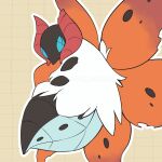 animal_focus blue_eyes bug commentary grid_background kelvin-trainerk looking_at_viewer moth no_humans outline pokemon pokemon_(creature) solo twitter_username volcarona watermark white_fur yellow_background 
