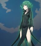  1girl bangs black_dress breasts closed_mouth covered_navel curly_hair dress frown glowing green_eyes green_hair highres jourd4n long_sleeves looking_at_viewer one-punch_man short_hair small_breasts solo tatsumaki 