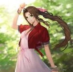  11mtri 1girl aerith_gainsborough bangs bracelet braid braided_ponytail breasts brown_hair choker cropped_jacket dress falling_petals final_fantasy final_fantasy_vii final_fantasy_vii_remake green_background green_eyes hair_ribbon hand_up jacket jewelry medium_breasts parted_bangs petals pink_dress pink_ribbon red_jacket ribbon sidelocks solo square_enix upper_body 