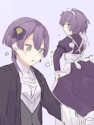  2girls alternate_costume bernadetta_von_varley butler fire_emblem fire_emblem:_three_houses formal hair_ornament highres maid maid_headdress messy_hair multiple_girls purple_hair sanoyo_fe short_hair suit time_paradox violet_eyes 