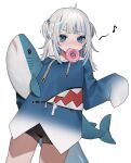  1girl ahoge bangs bebe_pp black_shorts blue_eyes blue_hair commentary doughnut fish_tail food food_in_mouth forehead gawr_gura grey_hair hair_ornament highres holding hololive hololive_english hood hoodie legs_apart looking_at_viewer multicolored_hair musical_note shark_girl shark_tail short_twintails shorts simple_background sleeves_past_wrists solo standing stuffed_animal stuffed_shark stuffed_toy tail twintails virtual_youtuber white_background white_hair 