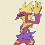 alternate_color arm_up black_eyes commentary fang grid_background kelvin-trainerk no_humans open_mouth outline pokemon pokemon_(creature) shiny_pokemon skin_fang solo spikes toxtricity toxtricity_(amped) twitter_username watermark yellow_background 
