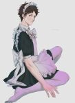 1boy akaashi_keiji alternate_costume apron artist_name black_dress black_hair blue_eyes bow commentary crossdressing detached_collar dress english_commentary enmaided feet frilled_dress frills from_side haikyuu!! highres knee_up looking_back maid maid_apron maid_headdress male_focus marrbl no_shoes puffy_short_sleeves puffy_sleeves seiza short_hair short_sleeves sitting solo white_apron white_bow white_legwear 