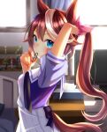  adjusting_hair animal_ears blue_eyes blurry blurry_background breasts commentary_request hair_tie highres horse_ears horse_girl horse_tail long_hair looking_at_viewer mouth_hold photo_(object) ponytail ponzu_(rrrritisu) school_uniform small_breasts tail tokai_teio_(umamusume) tracen_school_uniform umamusume window 