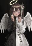  1girl :o absurdres angel_wings black_background black_dress black_hair blush contrast demon_wings dress feathered_wings frilled_dress frills halo hands_up highres long_sleeves nadegata original puffy_long_sleeves puffy_sleeves simple_background solo symmetry violet_eyes white_dress wings 