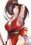  1girl arm_guards armpits bangs bare_shoulders breasts closed_fan fatal_fury folding_fan futabamidori hand_fan high_ponytail highres holding holding_fan large_breasts long_hair looking_at_viewer ninja pelvic_curtain ponytail revealing_clothes rope shiranui_mai sideboob snk solo the_king_of_fighters the_king_of_fighters_xv 