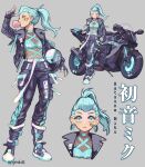  1girl alternate_hairstyle aqua_eyes aqua_hair belt boot_straps boots braid bubble_blowing ear_piercing earrings facial_tattoo fingerless_gloves fishnet_top fishnets french_braid gloves ground_vehicle hair_pulled_back hatsune_miku highres hoop_earrings jewelry leaning_on_object leather motor_vehicle motorcycle pants piercing solo standing tattoo tipsytrains vocaloid 