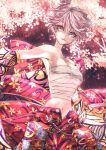  1girl breasts cherry_blossoms closed_mouth floral_print hair_between_eyes highres japanese_clothes jewelry kimono looking_at_viewer medium_breasts midriff navel original sarashi short_hair smile solo sword weapon yoru_shiki 