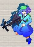  backpack bad_id bag blue_eyes blue_hair boots botamochi gun hair_bobbles hair_ornament hat kawashiro_nitori key shadow short_hair solo touhou twintails weapon 