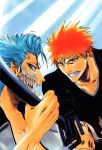  2boys absurdres bleach blue_hair brown_eyes fighting grimmjow_jaegerjaquez highres holding holding_sword holding_weapon kurosaki_ichigo looking_at_another male official_art orange_hair screening spiked_hair sword tite_kubo weapon 
