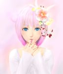  blue_eyes flower hair_flower hair_ornament highres mew nail_polish personification pink_hair pokemon rokuji-saty solo 