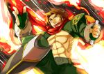  abs blazblue brown_hair fire gloves scar scarf shishigami_bang smile yellow_eyes 