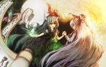  closed_eyes ex-keine fujiwara_no_mokou full_moon green_hair hair_ribbon highres holding_hands horns innelysion innemk kamishirasawa_keine long_hair moon multiple_girls red_eyes ribbon scroll smile touhou very_long_hair white_hair 