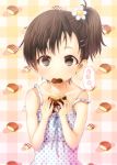  biscuit bra bra_strap brown_eyes brown_hair bust checkered checkered_background cookie dress eating food food_in_mouth hair_ornament hairclip highres hyuuga_azuri original polka_dot polka_dot_dress side_ponytail strap_slip summer_dress 