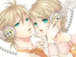  aqua_eyes blonde_hair close fuusha headset kagamine_len kagamine_rin magnet_(vocaloid) nail_polish vocaloid 