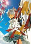  1boy ashchriss blurry cloud condensation_trail depth_of_field gintama lens_flare looking_back male mask sakata_gintoki sky solo sun 