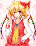  1girl alternate_costume blush bow candy collarbone flandre_scarlet hair_bow hand_in_pocket highres hoodie karamoneeze lollipop long_sleeves looking_at_viewer musical_note pink_eyes shirt side_ponytail smile solo tongue tongue_out touhou wings 