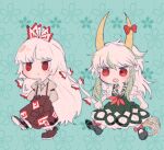  2girls :/ :o aqua_background baggy_pants bangs black_footwear blunt_bangs bow brown_footwear brown_pants chibi clenched_hands closed_mouth collared_dress collared_shirt dress ex-keine expressionless floating_hair floral_background footwear_bow fujiwara_no_mokou full_body green_dress green_tail grey_shirt hair_bow hair_ribbon hands_in_pockets high-waist_pants horn_bow horn_ornament horns itomugi-kun kamishirasawa_keine light_green_hair long_hair long_sleeves looking_ahead mary_janes multicolored_hair multiple_girls neckerchief no_nose no_pupils open_mouth pants puffy_pants puffy_short_sleeves puffy_sleeves red_bow red_eyes red_neckerchief ribbon sakuramon shirt shirt_tucked_in shoe_soles shoes short_sleeves sleeve_garter standing streaked_hair suspenders swept_bangs tail texture touhou tress_ribbon very_long_hair walking white_bow white_hair wing_collar 