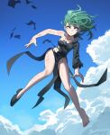  1girl bangs barefoot black_dress blue_sky breasts clouds collarbone curly_hair dress english_commentary floating full_body green_eyes green_hair highres jourd4n legs looking_at_viewer one-punch_man shoes short_hair single_bare_arm single_bare_shoulder single_shoe sky small_breasts solo tatsumaki torn_clothes torn_dress 
