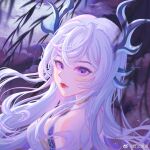  1girl bare_shoulders dark_background douluo_dalu dress expressionless gu_yuena horns huan_zhi_jing_ming long_hair looking_at_viewer silver_hair solo upper_body violet_eyes weibo_id white_dress 