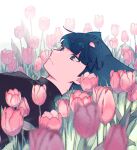  1boy bangs black_shirt blue_eyes blue_hair blunt_bangs blurry closed_mouth eyebrows_visible_through_hair flower from_side grass lying male_focus on_back petals pink_flower pokemon pokemon_(game) pokemon_dppt sa9no saturn_(pokemon) shirt short_hair solo symbol-only_commentary team_galactic upper_body 