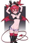  1girl absurdres arm_strap arms_up belt black_gloves boots bracelet choker demon_girl demon_tail demon_wings disgaea earrings english_commentary etna fang gloves highres jewelry mini_wings navel pointy_ears red_eyes redhead revealing_clothes saaal653 short_shorts shorts skin_fang skull_earrings solo tail thigh-highs thigh_boots wings 