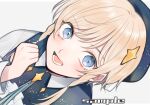  1boy androgynous beret blonde_hair blue_eyes blue_headwear blue_ribbon blue_shirt clenched_hand collared_shirt cookie_galo grey_background hair_behind_ear hat looking_up male_focus open_mouth original ribbon sample_watermark shirt smile solo sparkle_hair_ornament 