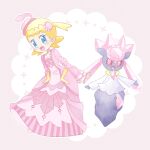  1girl :d akasaka_(qv92612) blonde_hair blue_eyes blush bonnie_(pokemon) commentary_request cosplay diancie dress eyelashes frills hair_ornament hat highres hilda_(pokemon) hilda_(pokemon)_(cosplay) long_sleeves looking_at_viewer mini_hat open_mouth pink_dress pokemon pokemon_(creature) pokemon_(game) pokemon_masters_ex pokemon_xy short_hair smile tongue 