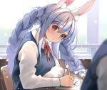  1girl animal_ear_fluff animal_ears bangs blue_hair blue_vest blush bow braid collared_shirt dokkumaa eyewear_removed from_side glasses hair_between_eyes hair_bow highres holding holding_pen hololive indoors long_hair looking_at_viewer neck_ribbon parted_lips pen rabbit_ears red_eyes red_ribbon ribbon round_eyewear shirt short_eyebrows sideways_glance solo_focus thick_eyebrows twin_braids twintails usada_pekora vest virtual_youtuber white_bow white_shirt 