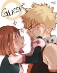  !? 1boy 1girl adjusting_eyewear bakugou_katsuki blonde_hair bodysuit boku_no_hero_academia brown_eyes brown_hair dated english_text glasses holding holding_eyewear lin_(amateur_lin) looking_at_another open_mouth parted_lips red-framed_eyewear scowl short_hair sidelocks signature spiky_hair sweatdrop uraraka_ochako white_background 