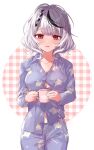  1girl animal_print breasts button_gap cup duplicate highres holding holding_cup hololive large_breasts looking_at_viewer open_mouth pajamas partially_unbuttoned pixel-perfect_duplicate print_pajamas red_eyes sakamata_chloe solo virtual_youtuber white_hair 