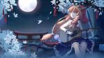  1girl blue_ribbon blue_skirt bow bowtie chain cherry_blossoms commentary cube cup eyebrows_visible_through_hair feet_out_of_frame full_moon gourd guitar hair_bow highres holding holding_instrument horn_bow horn_ornament horns ibuki_suika instrument long_hair looking_up low_ponytail moon music night night_sky oni_horns orange_eyes orange_hair playing_instrument red_bow red_bowtie ribbon ribbon-trimmed_skirt ribbon_trim sakazuki shirt single_sidelock skirt sky sleeveless sleeveless_shirt solo star_(sky) starry_sky torii touhou tree very_long_hair white_bow white_shirt wrist_cuffs yado_sakura 