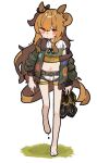  1girl amonitto animal_ears bangs bare_legs barefoot belt blush bomber_jacket boots boots_removed brown_hair closed_mouth commentary_request crop_top dog_tags full_body green_jacket highres holding holding_boots holding_clothes holding_footwear horse_ears horse_girl horse_tail jacket long_hair long_sleeves mayano_top_gun_(umamusume) midriff navel off_shoulder open_clothes open_jacket orange_eyes short_shorts shorts snot solo tail tears two_side_up umamusume walking white_shorts 