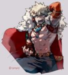  1boy abs arm_behind_head bakugou_katsuki bead_necklace beads belt blonde_hair boku_no_hero_academia cape detached_sleeves earrings fur_collar grey_background jewelry male_focus multiple_necklaces muscular muscular_male necklace nipples open_mouth red_cape red_eyes solo soumaa spiky_hair teeth topless_male twitter_username 