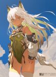  1girl ahoge animal_ears arknights bangs bare_shoulders breasts closed_mouth clouds colored_inner_hair cowboy_shot dark-skinned_female dark_skin detached_collar dm_(dai_miao) extra_ears green_eyes green_hair green_leotard highres jacket kal&#039;tsit_(arknights) leotard light_blush long_hair looking_at_viewer medium_breasts multicolored_hair off_shoulder open_clothes open_jacket solo standing stethoscope strapless strapless_leotard thigh-highs white_hair white_jacket white_legwear 