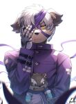  1boy animal_ears animal_nose bandage_over_one_eye blurry blurry_foreground brown_fur dog_boy dog_ears expressionless furry furry_male gakuran hand_over_eye highres holding holding_stuffed_toy male_focus moritaka_(housamo) ponzu_tas purple_fur school_uniform short_hair solo stuffed_animal stuffed_toy tokyo_afterschool_summoners two-tone_fur upper_body white_background white_hair yellow_eyes yoshito_(housamo) 