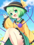  1girl :d \||/ black_headwear blue_sky blush bow eyebrows_visible_through_hair feet_out_of_frame flower frilled_shirt_collar frilled_sleeves frills green_eyes green_hair green_skirt happy hat hat_ribbon heart heart_of_string highres knees_together_feet_apart komeiji_koishi koruk700 long_sleeves looking_at_viewer open_mouth ribbon shirt skirt sky smile solo third_eye touhou wide_sleeves yellow_bow yellow_ribbon yellow_shirt 