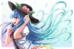  1girl :d blue_hair blush finger_to_nose floating_hair food fruit happy_ginko hat highres hinanawi_tenshi leaf long_hair looking_at_viewer open_mouth peach profile puffy_short_sleeves puffy_sleeves red_eyes short_sleeves sideways_glance simple_background smile solo touhou upper_body very_long_hair white_background 