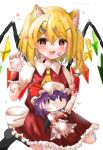  1girl :3 :d animal_ear_fluff animal_ears artist_request ascot bandaid bat_wings blonde_hair blush bow brooch cat_ears character_doll chibi crystal dress eyebrows_visible_through_hair fang fangs flandre_scarlet hair_between_eyes hair_ornament hairclip hat heart highres jewelry kemonomimi_mode looking_at_viewer no_hat no_headwear open_mouth puffy_short_sleeves puffy_sleeves red_eyes red_skirt red_vest remilia_scarlet shirt short_sleeves simple_background sitting skirt skirt_set smile solo touhou vest white_background wings wrist_cuffs 
